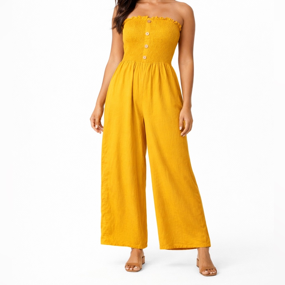 Smocked Wide Leg Strapless Jumpsuit Size XL - Picture 2 of 9